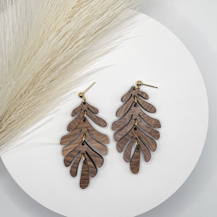 Walnut dangling leaf earrings