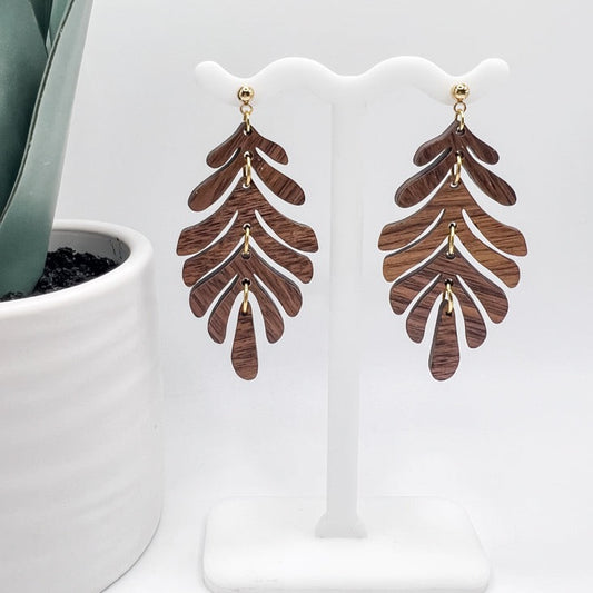 Walnut dangling leaf earrings